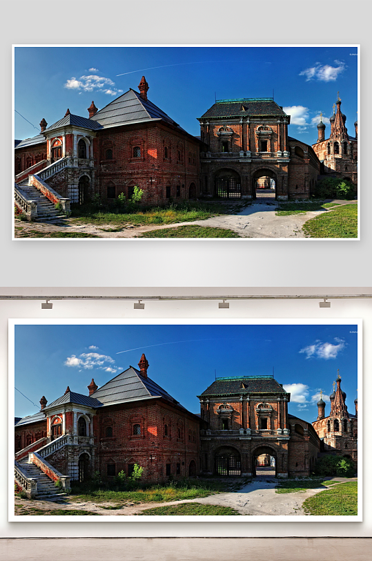 红砖古建筑群蓝天白云-众图网