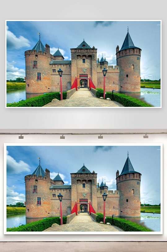 红砖城堡与护城河景观-众图网