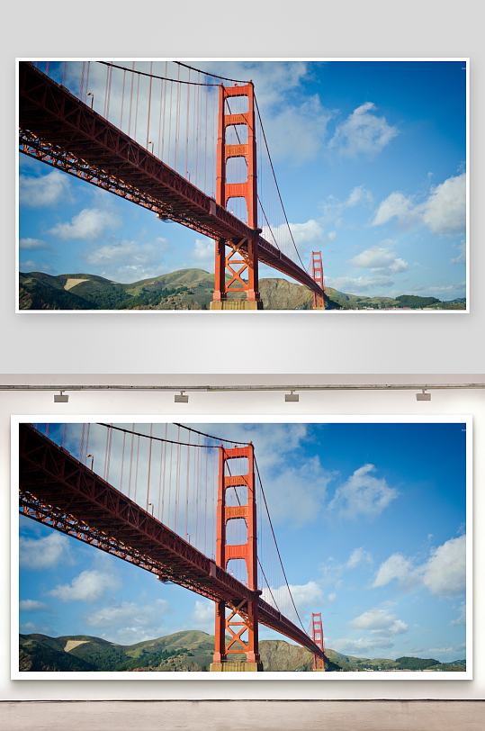 红色大桥横跨水面蓝天白云-众图网