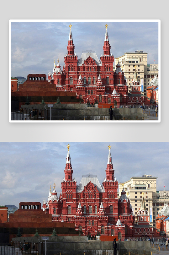 红色尖顶建筑群与行人-众图网