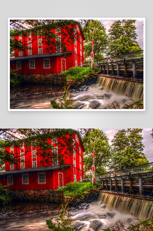 红色建筑旁的瀑布与桥梁-众图网