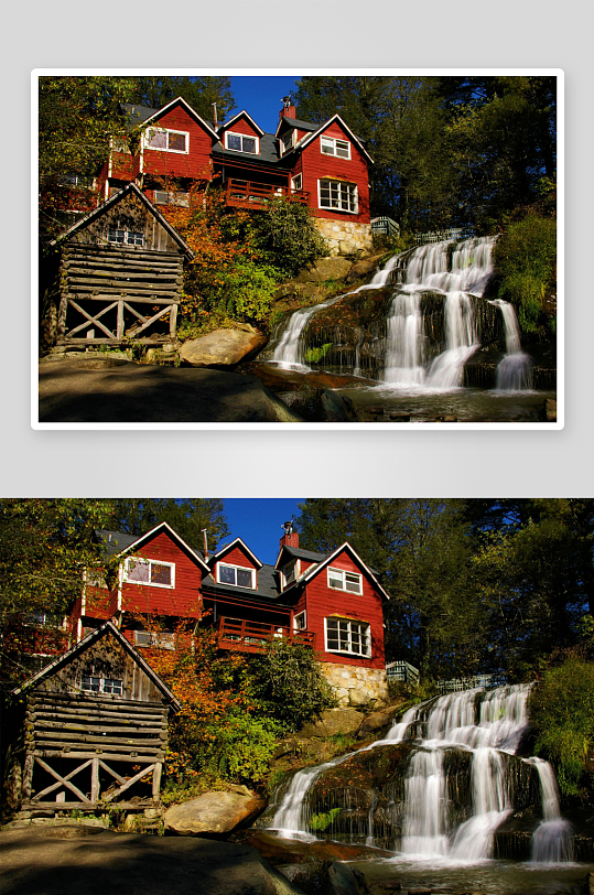 红色房屋旁的瀑布景观-众图网