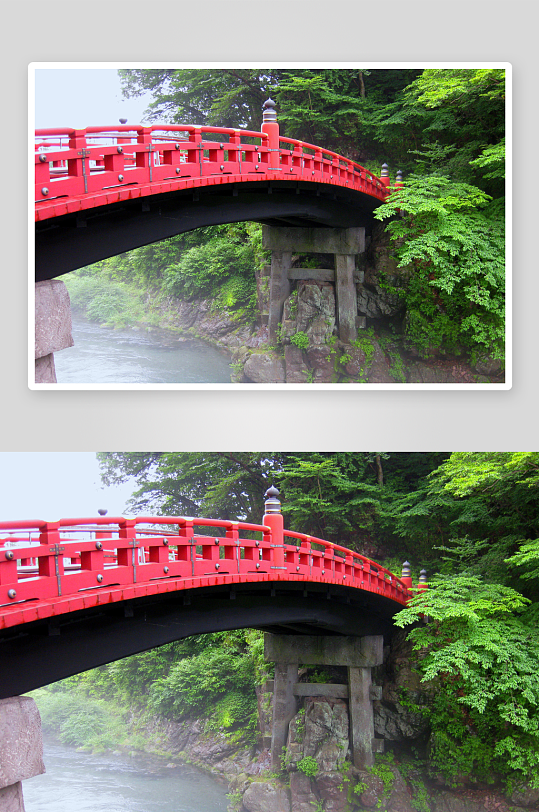 红色拱桥横跨溪流绿树环绕-众图网
