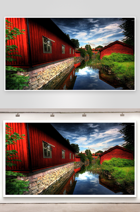 红色木屋临水倒影风景-众图网