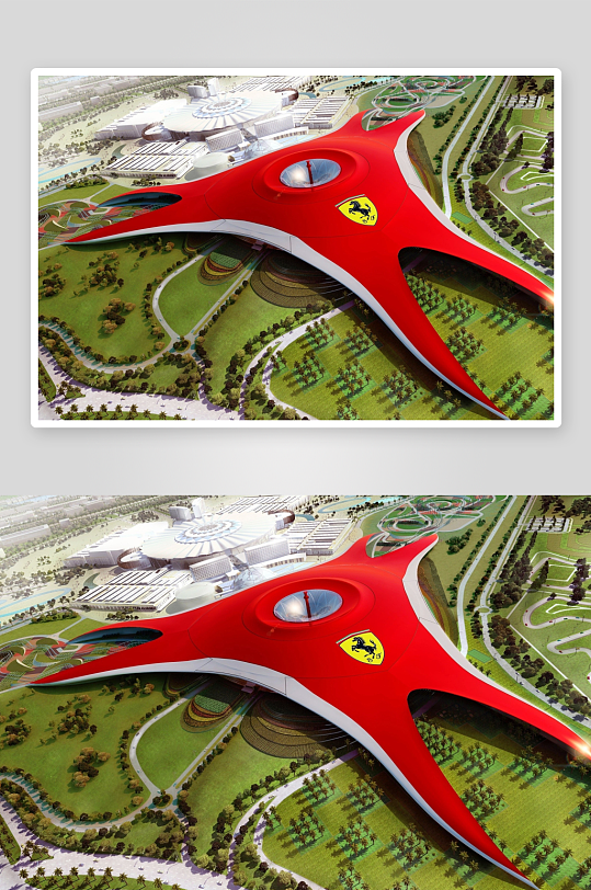 红色跑车造型建筑航拍图-众图网