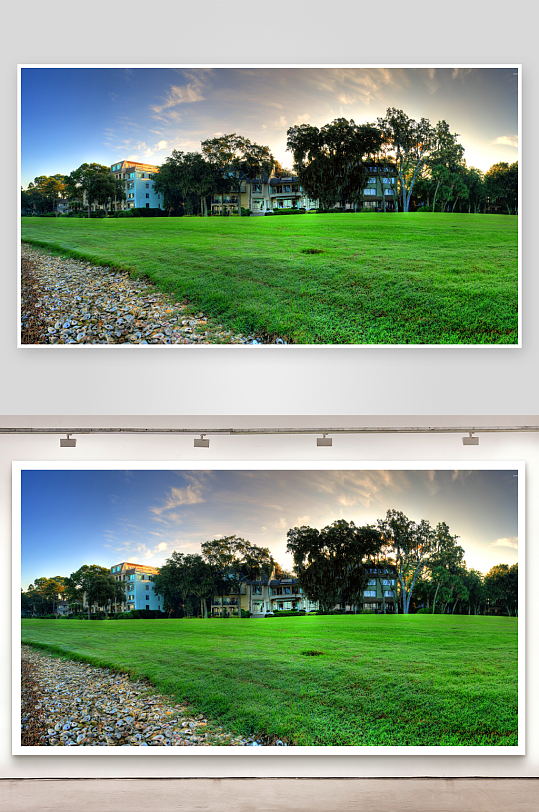 绿草坪与建筑群的宁静黄昏-众图网