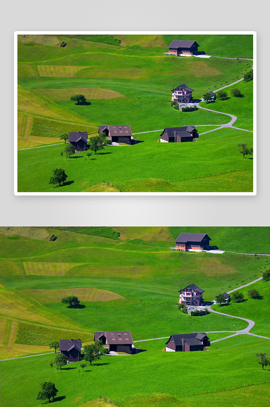 绿野山丘上的乡村房屋景观-众图网