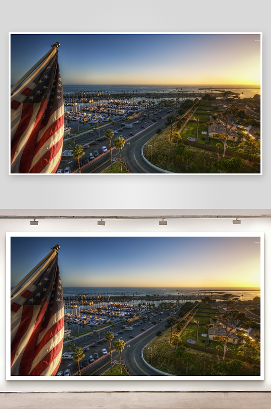 美国国旗下的海滨码头日落景观-众图网