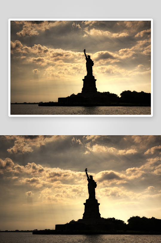 自由女神像剪影映衬云霞-众图网