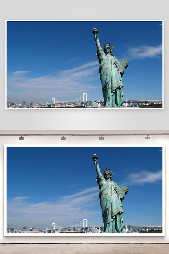 自由女神像蓝天映衬城市景观-众图网