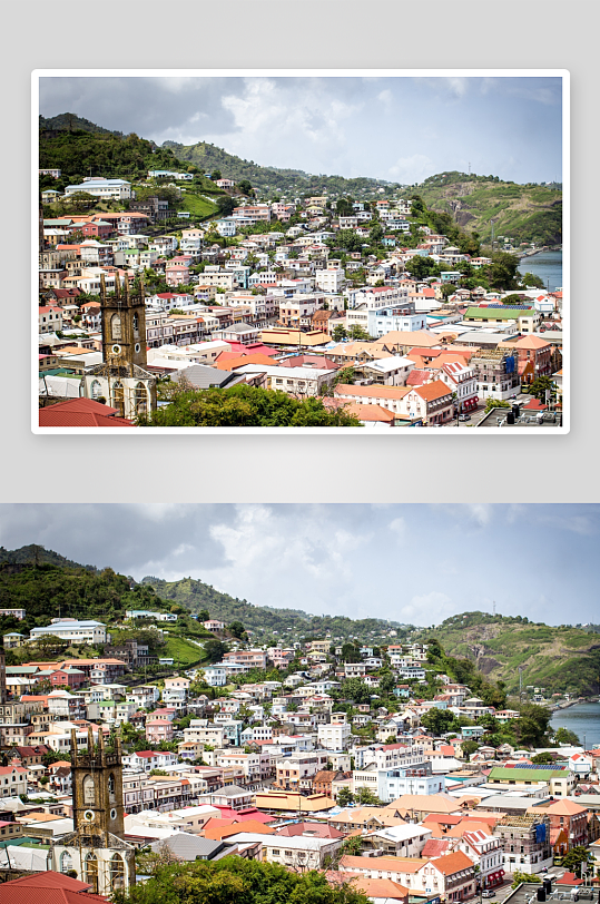 色彩斑斓山坡小镇全景-众图网