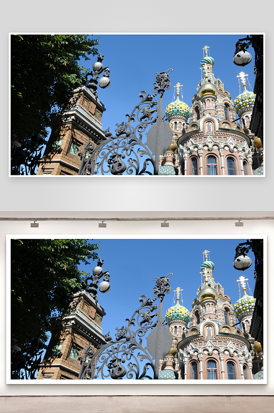 色彩斑斓的教堂穹顶与铁艺大门-众图网