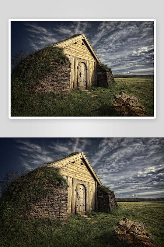 草地上的木制草顶小屋-众图网