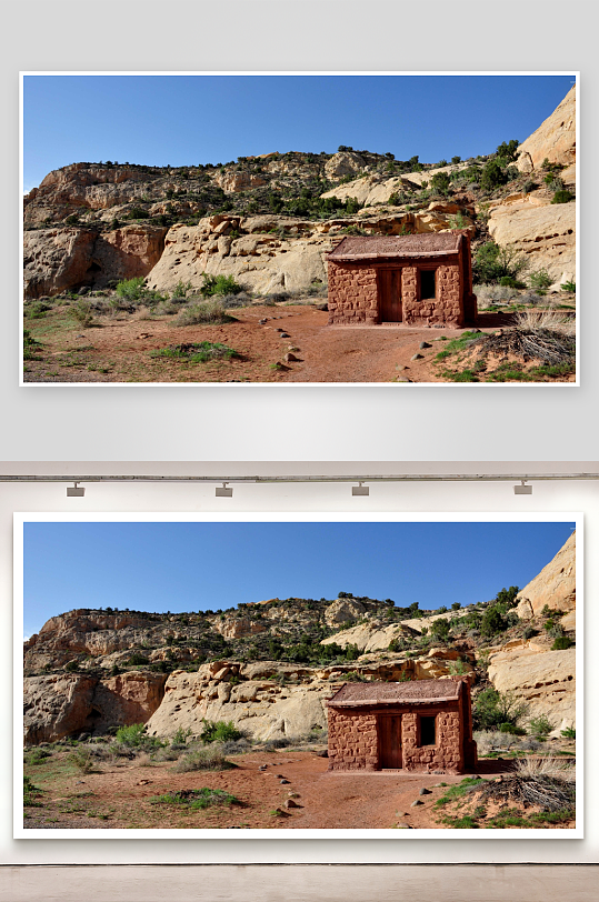 荒漠石屋与岩壁景观-众图网