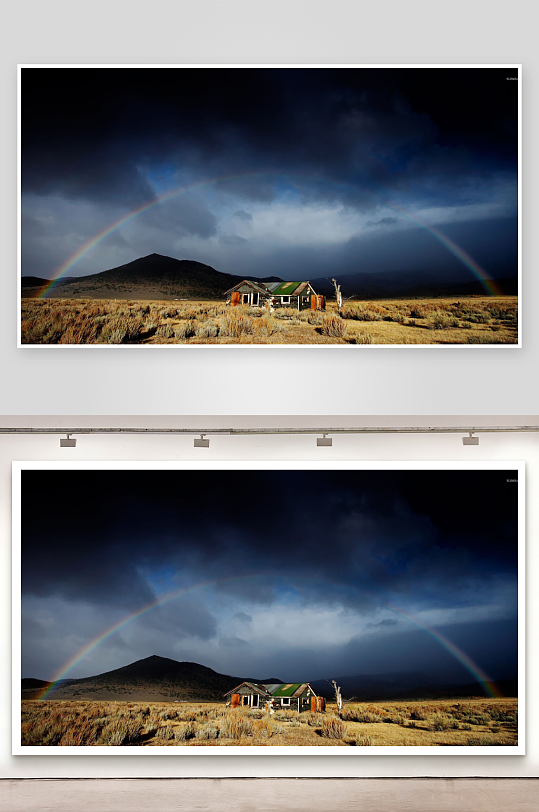 荒野彩虹下的破旧小屋-众图网