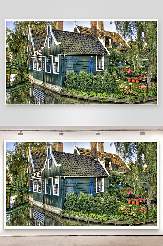 荷兰水边绿色木屋风景-众图网