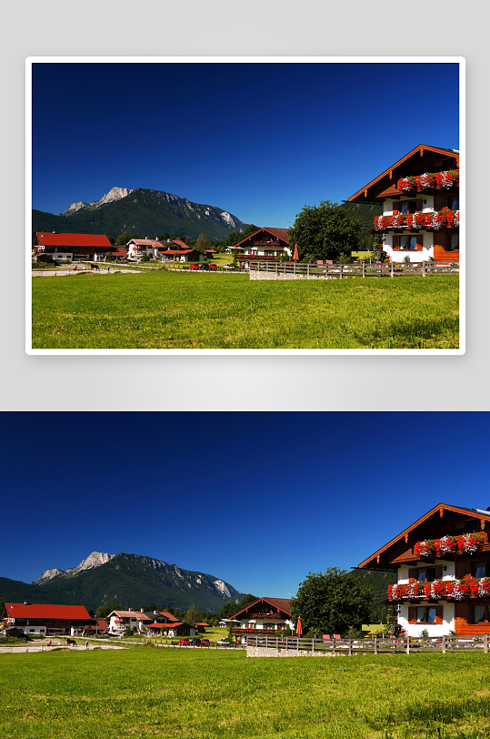 蓝天下的乡村房屋与远山-众图网