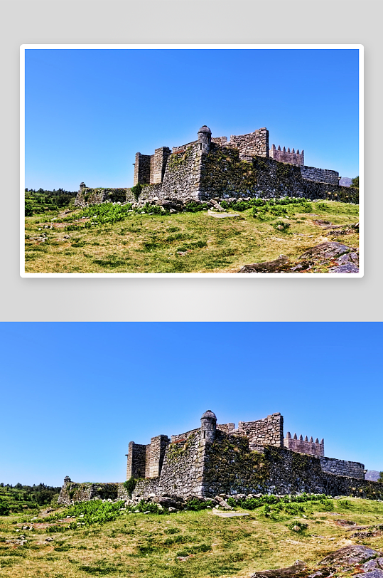 蓝天下的古老石砌城堡遗址-众图网