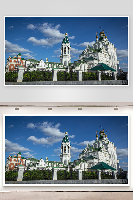 蓝天白云下的白色教堂建筑-众图网