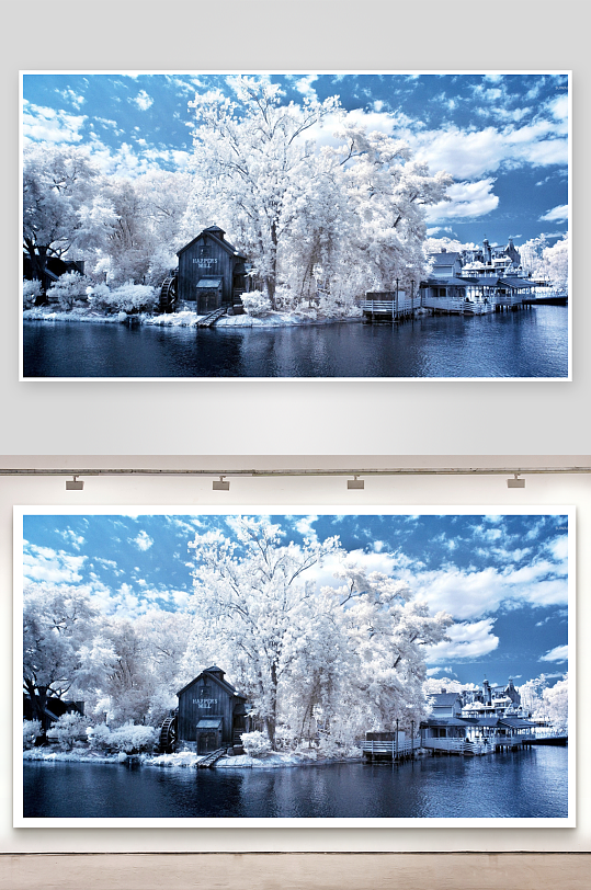 蓝白反差水边建筑与树木-众图网