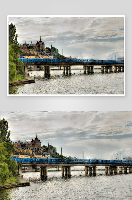 蓝色列车跨河行驶城市风光-众图网