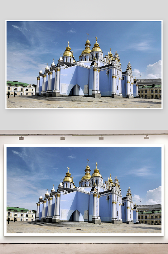 蓝色教堂金色圆顶建筑景观-众图网