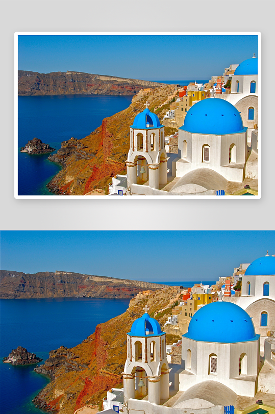 蓝色穹顶教堂海滨风光-众图网