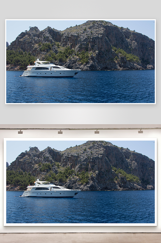 豪华游艇停泊山崖旁海域-众图网