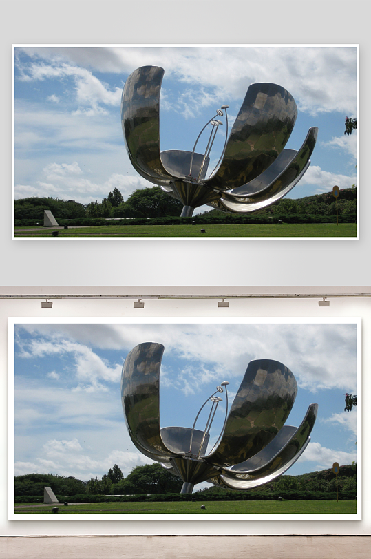 金属花朵雕塑矗立于绿草坪之上-众图网