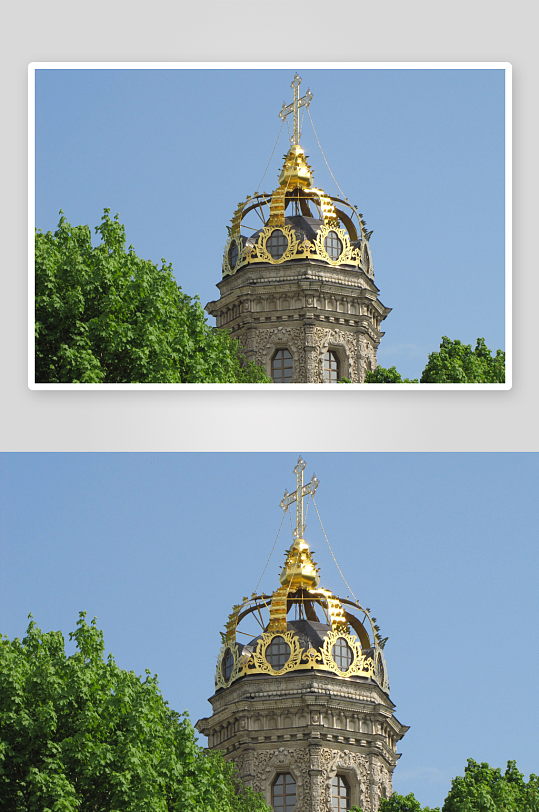 金色圆顶建筑与绿树蓝天-众图网