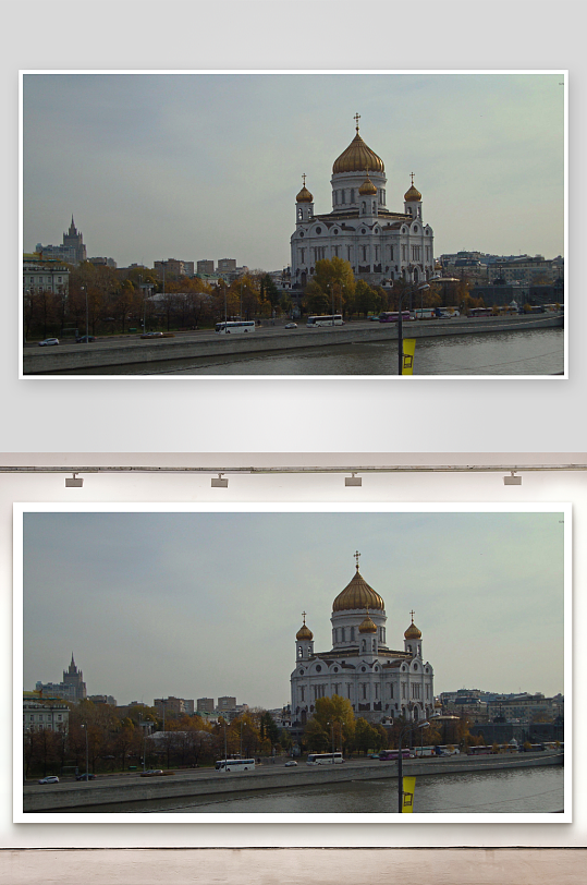 金色圆顶教堂与城市河流景观-众图网