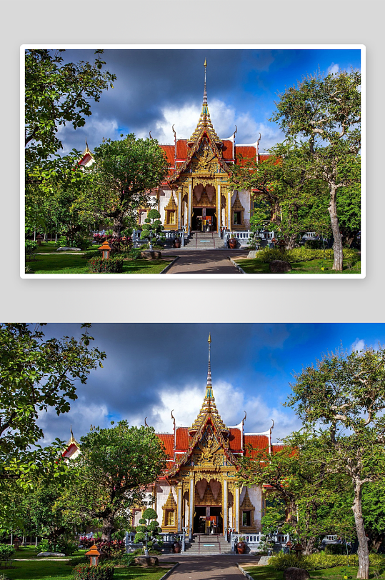 金色寺庙建筑与绿树蓝天-众图网