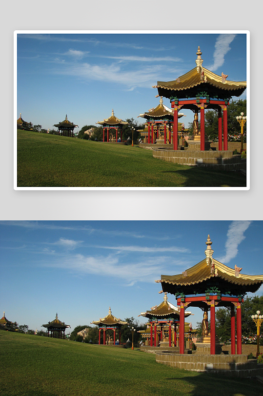 金色屋顶亭台与绿草坪景观-众图网