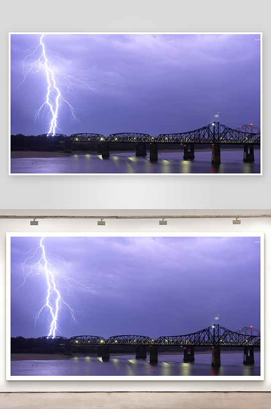 闪电划过桥梁夜景-众图网