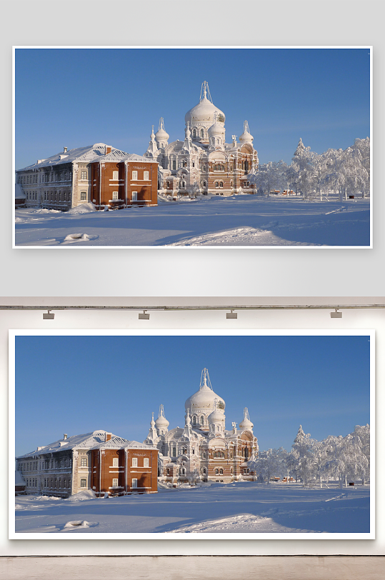 雪中教堂与红砖建筑-众图网