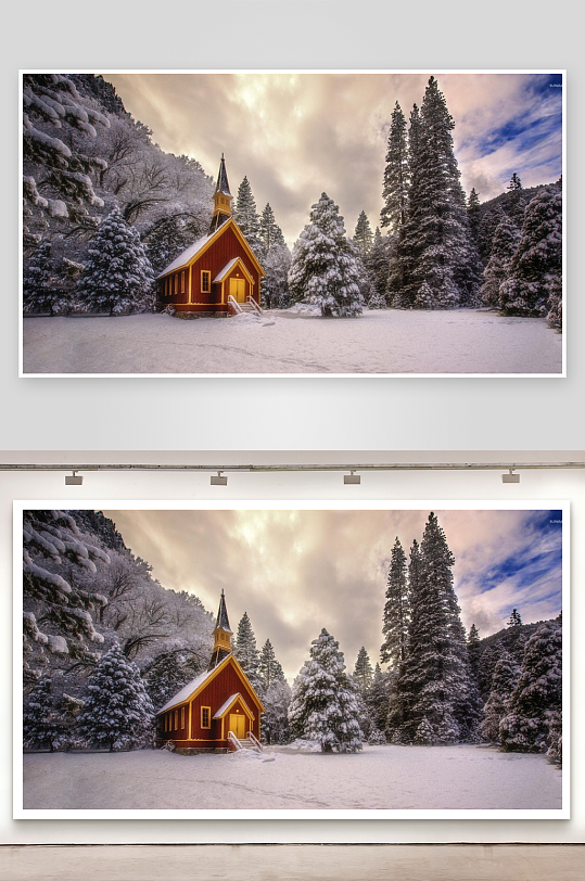 雪中红顶教堂与松树-众图网