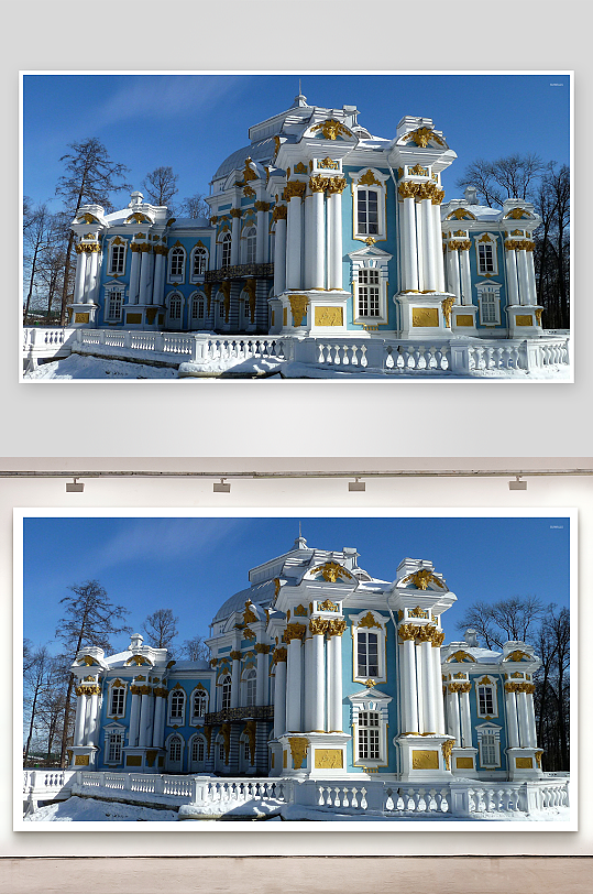 雪中蓝白金建筑照片摄影-众图网