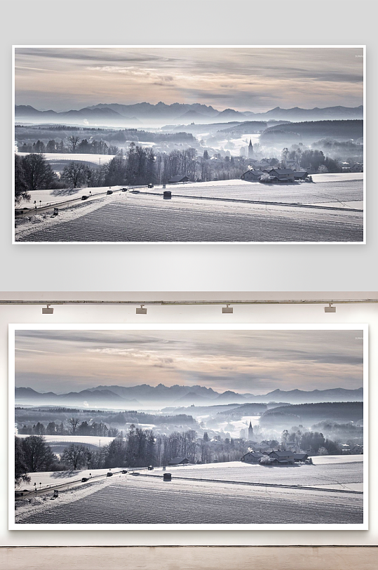 雪后乡村晨雾山景-众图网