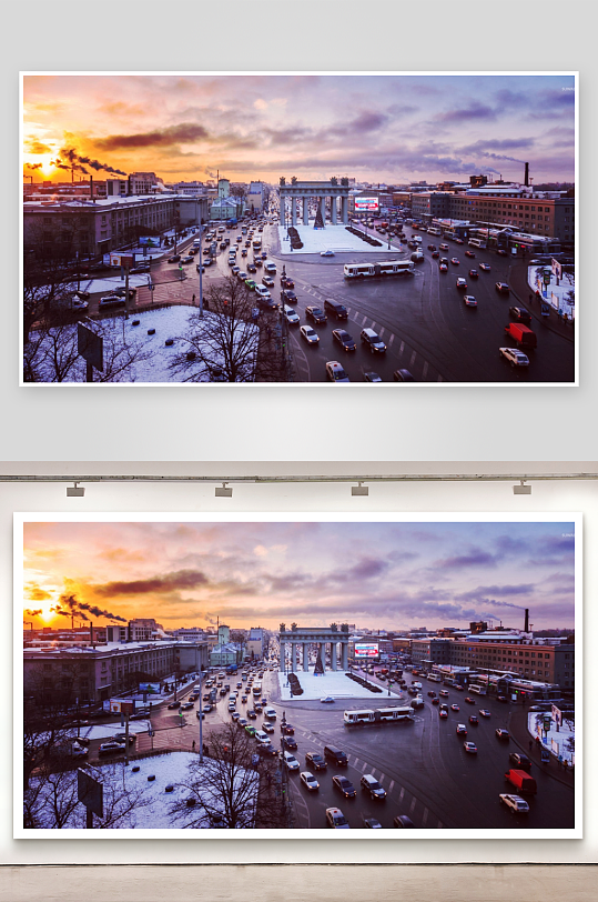 雪后城市交通与地标建筑-众图网