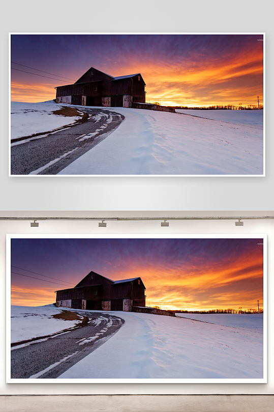 雪地夕阳下的农舍景象-众图网