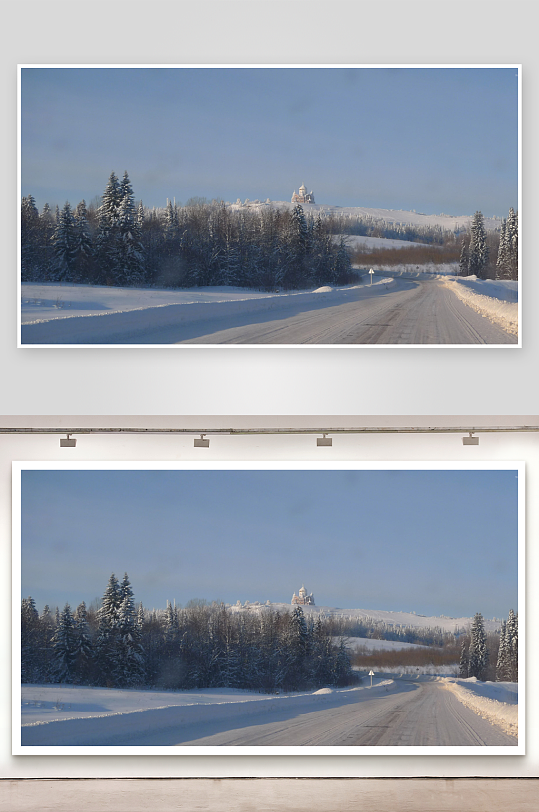 雪地公路通向山顶教堂-众图网