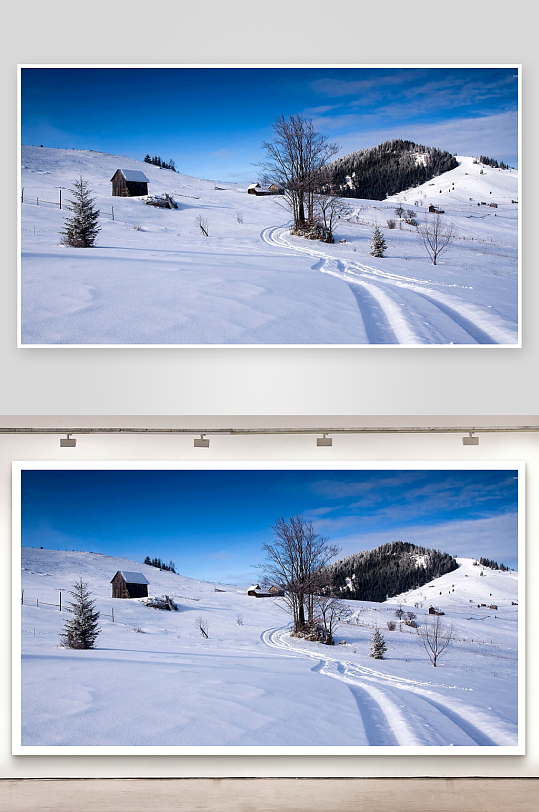 雪地小屋与蜿蜒足迹-众图网