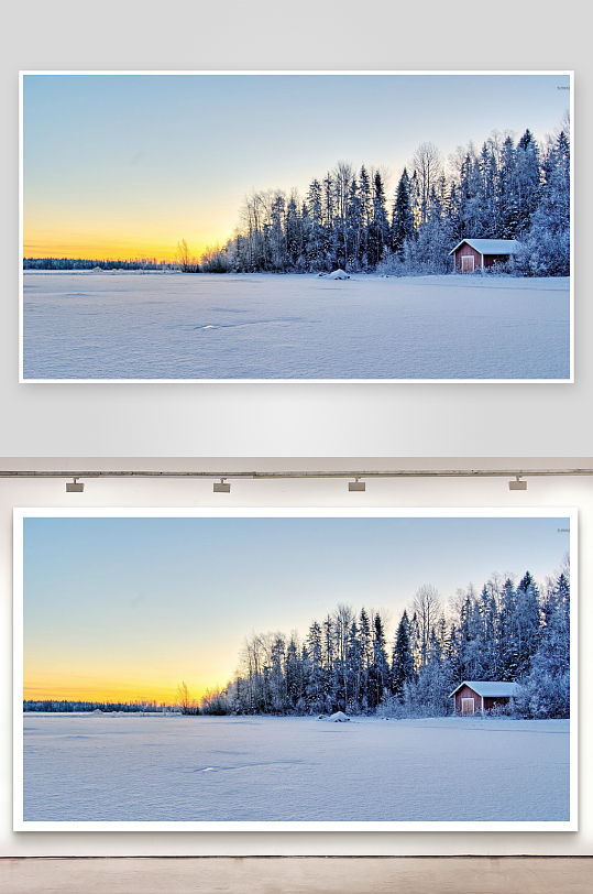 雪地小屋日落景色-众图网