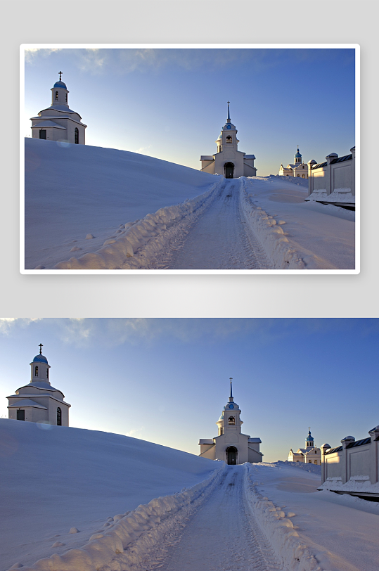 雪地教堂小径冬日景象-众图网