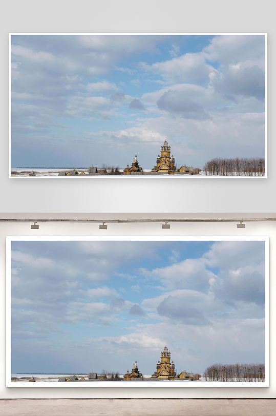 雪地教堂建筑群冬日景象-众图网