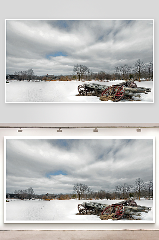 雪地旧车轮与农舍景象-众图网