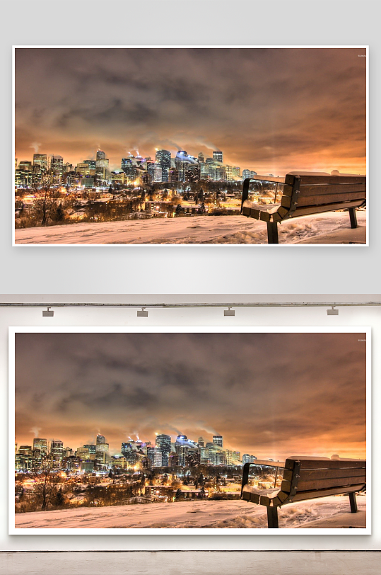 雪夜城市天际线与长椅-众图网