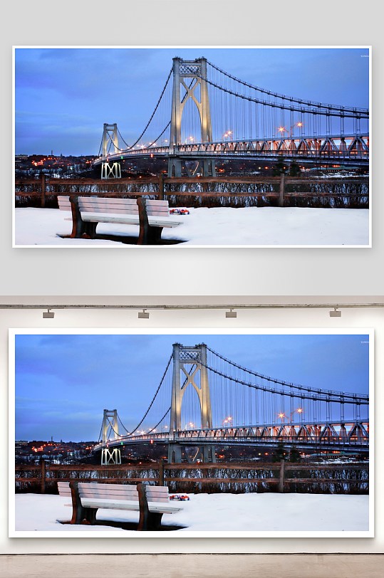 雪夜大桥与长椅静景-众图网