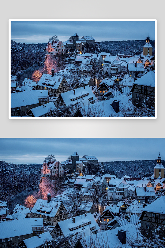 雪夜小镇灯火阑珊-众图网