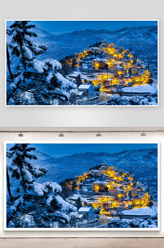 雪夜山居灯火辉煌-众图网